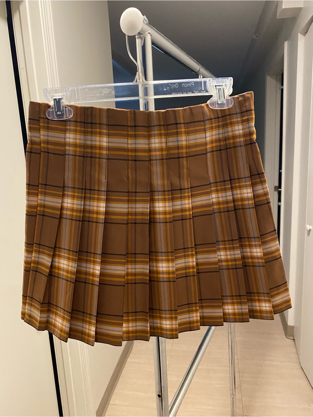 No Boundaries Brown Plaid Pleated Mini Skirt with Buckle Straps - Picture 8 of 9